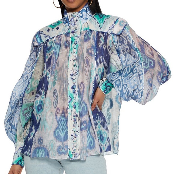 🦄NWT Zimmermann Glassy Long Sleeve Blouse AU1/US6 Spliced Blue Ikat - Picture 2 of 6